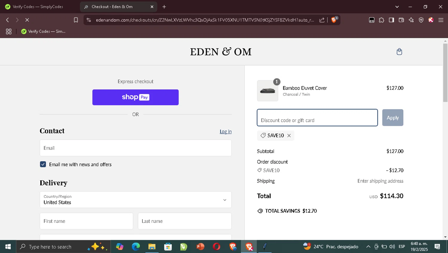 Eden & Om discount code screenshot showing code SAVE10 applied at Eden & Om checkout page. Uploaded by SimplyCodes community member TuAmigoRed on Feb 19, 2025