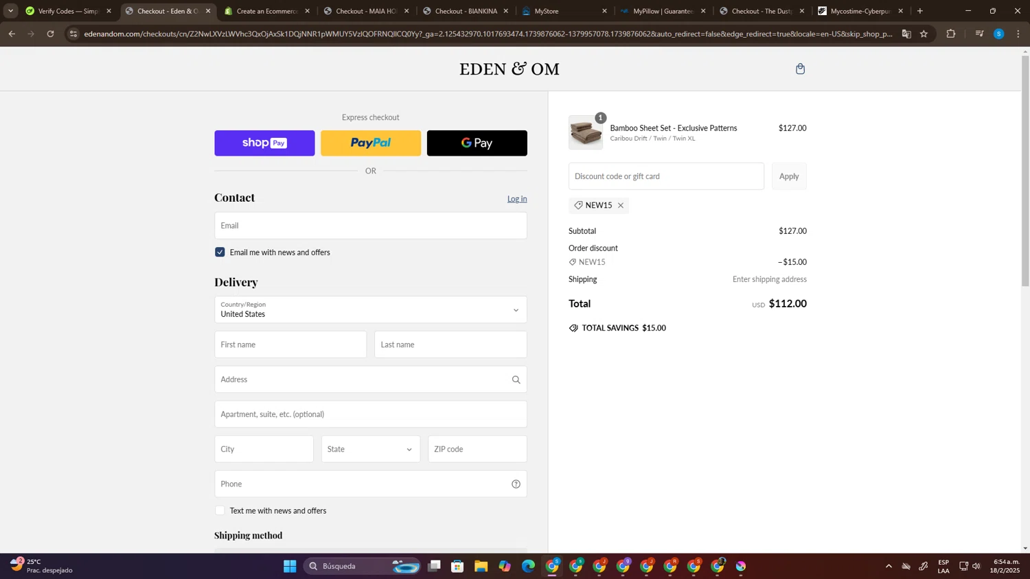 Eden & Om discount code screenshot showing code NEW15 applied at Eden & Om checkout page. Uploaded by SimplyCodes community member SalvadorC1 on Feb 18, 2025