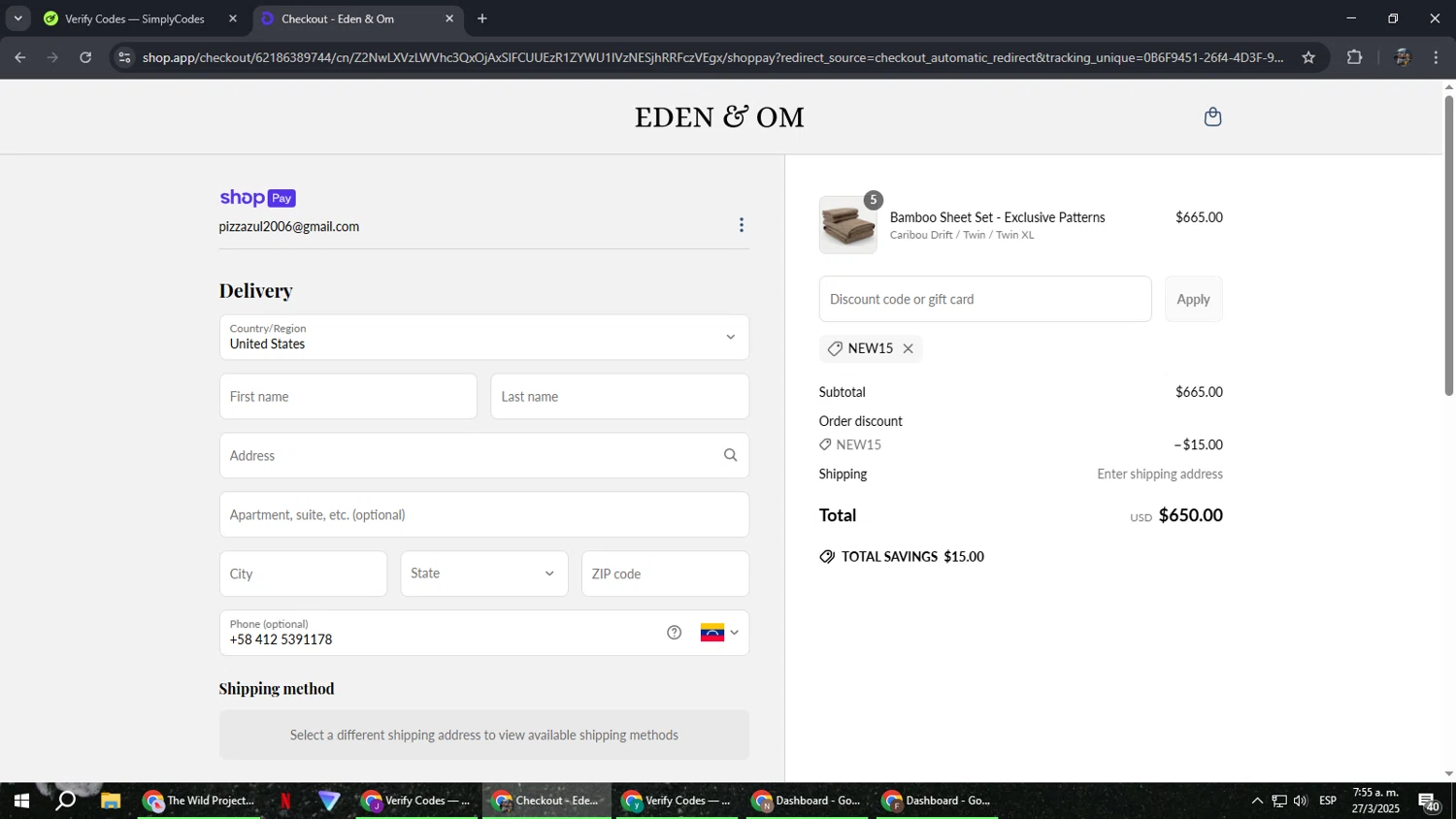 Eden & Om discount code screenshot showing code NEW15 applied at Eden & Om checkout page. Uploaded by SimplyCodes community member xxdddd on Mar 27, 2025