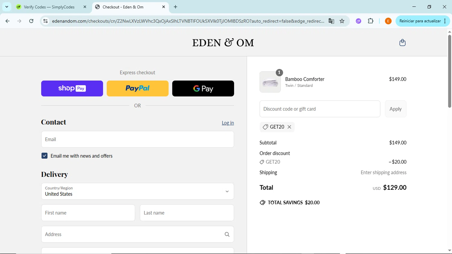 Eden & Om discount code screenshot showing code GET20 applied at Eden & Om checkout page. Uploaded by SimplyCodes community member BudgetFox5491 on Jun 13, 2025