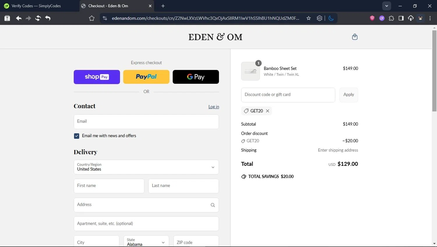 Eden & Om discount code screenshot showing code GET20 applied at Eden & Om checkout page. Uploaded by SimplyCodes community member User_Randon1 on Jun 26, 2025