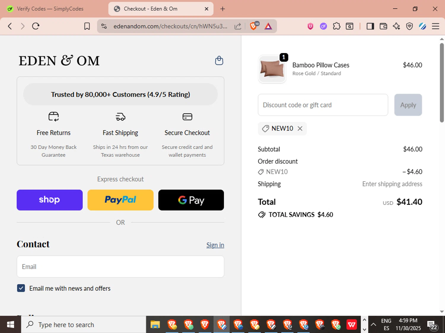Eden & Om discount code screenshot showing code NEW10 applied at Eden & Om checkout page. Uploaded by SimplyCodes community member LuckyVoyager329 on Nov 30, 2025