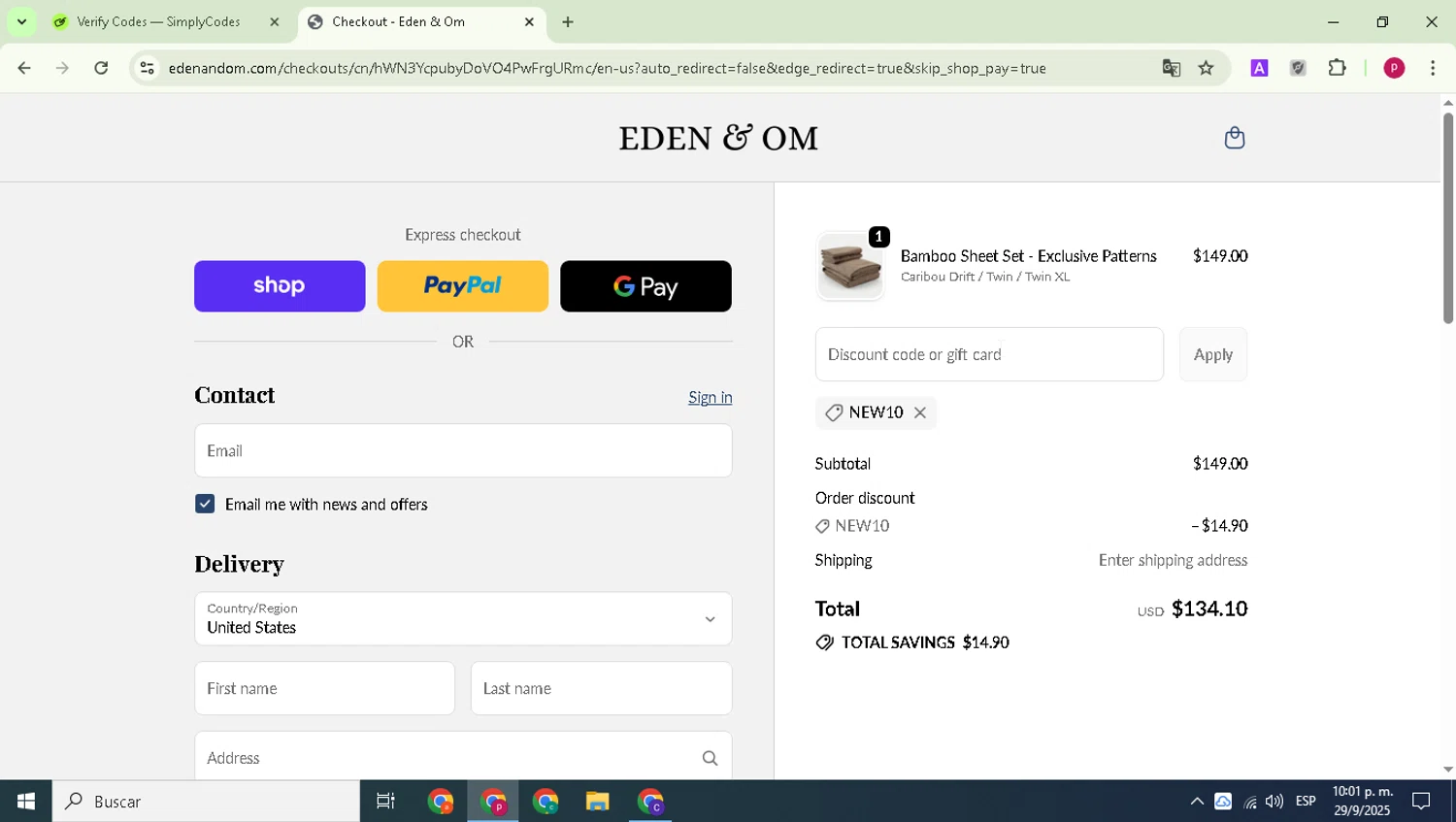 Eden & Om discount code screenshot showing code NEW10 applied at Eden & Om checkout page. Uploaded by SimplyCodes community member Paul_Skenes on Sep 30, 2025