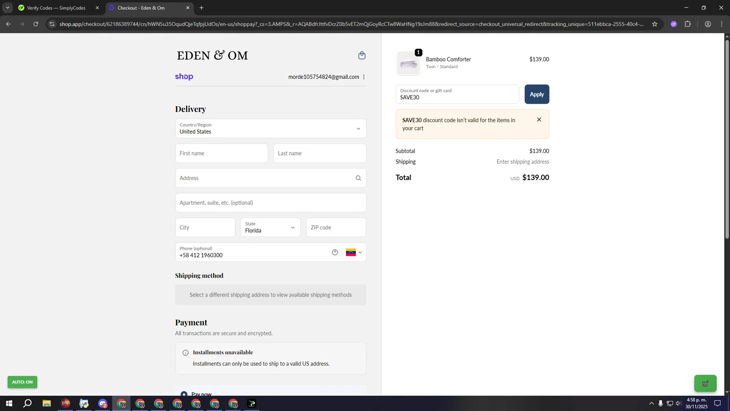 Eden & Om discount code screenshot showing code SAVE30 applied at Eden & Om checkout page. Uploaded by SimplyCodes community member kkkkkkkkkkkkkkkkkkkk on Nov 30, 2025