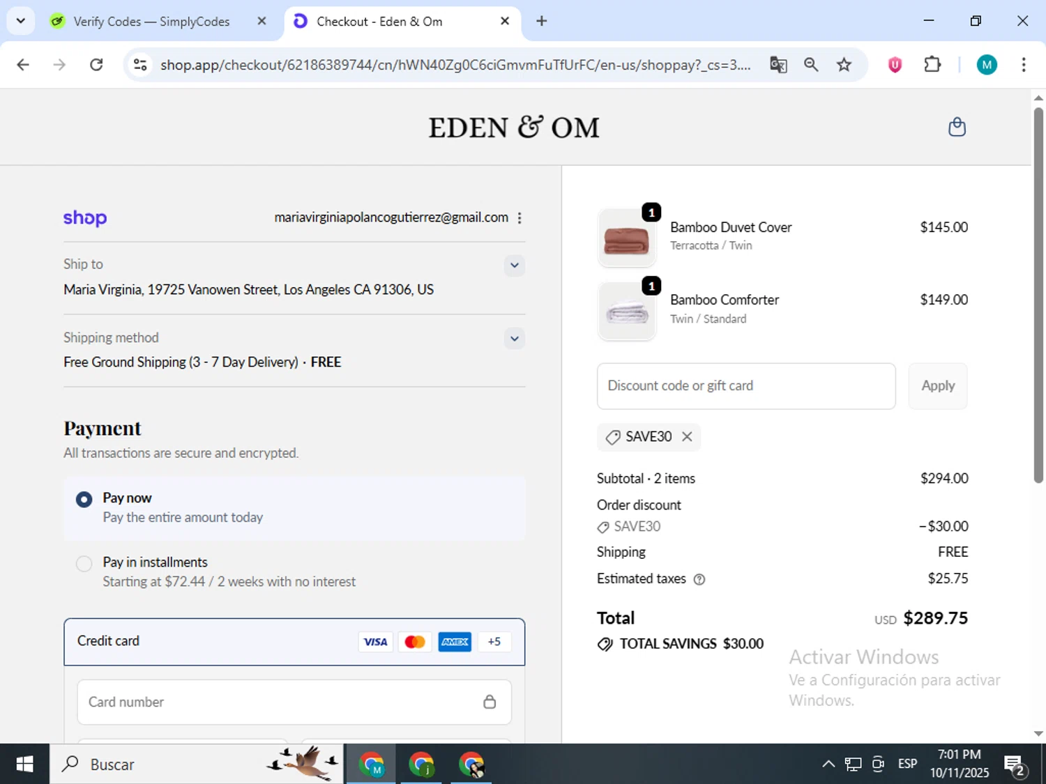 Eden & Om discount code screenshot showing code SAVE30 applied at Eden & Om checkout page. Uploaded by SimplyCodes community member estrellaveloz on Oct 11, 2025