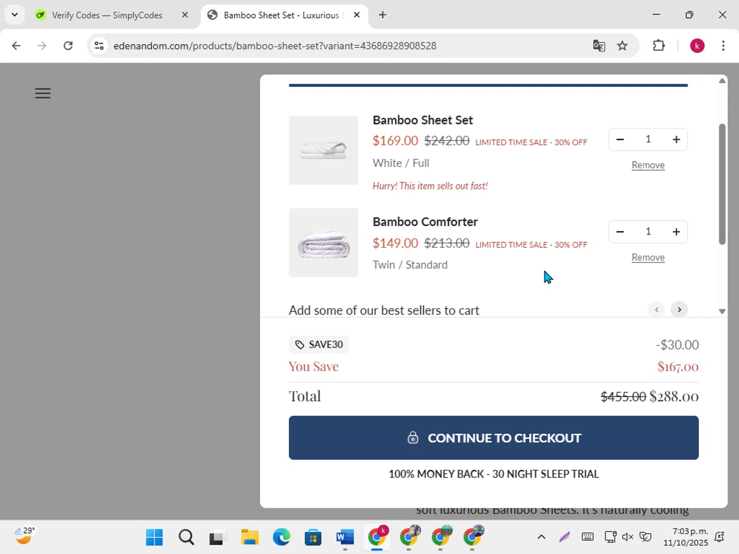 Eden & Om discount code screenshot showing code SAVE30 applied at Eden & Om checkout page. Uploaded by SimplyCodes community member karoline on Oct 11, 2025