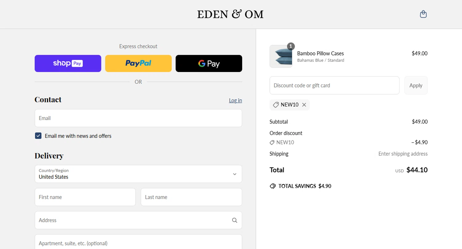 Eden & Om discount code screenshot showing code NEW10 applied at Eden & Om checkout page. Uploaded by SimplyCodes community member ylenisjordan on Jun 16, 2025