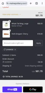 Edgecomb Potters coupon verification screenshot