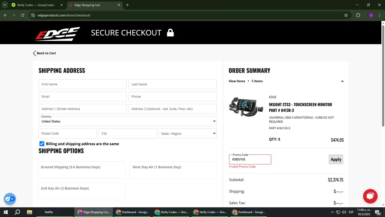 Edge Products coupon code screenshot showing code R9BVW8 applied at Edge Products checkout page. Uploaded by SimplyCodes community member ComeBurra123 on Mar 10, 2025