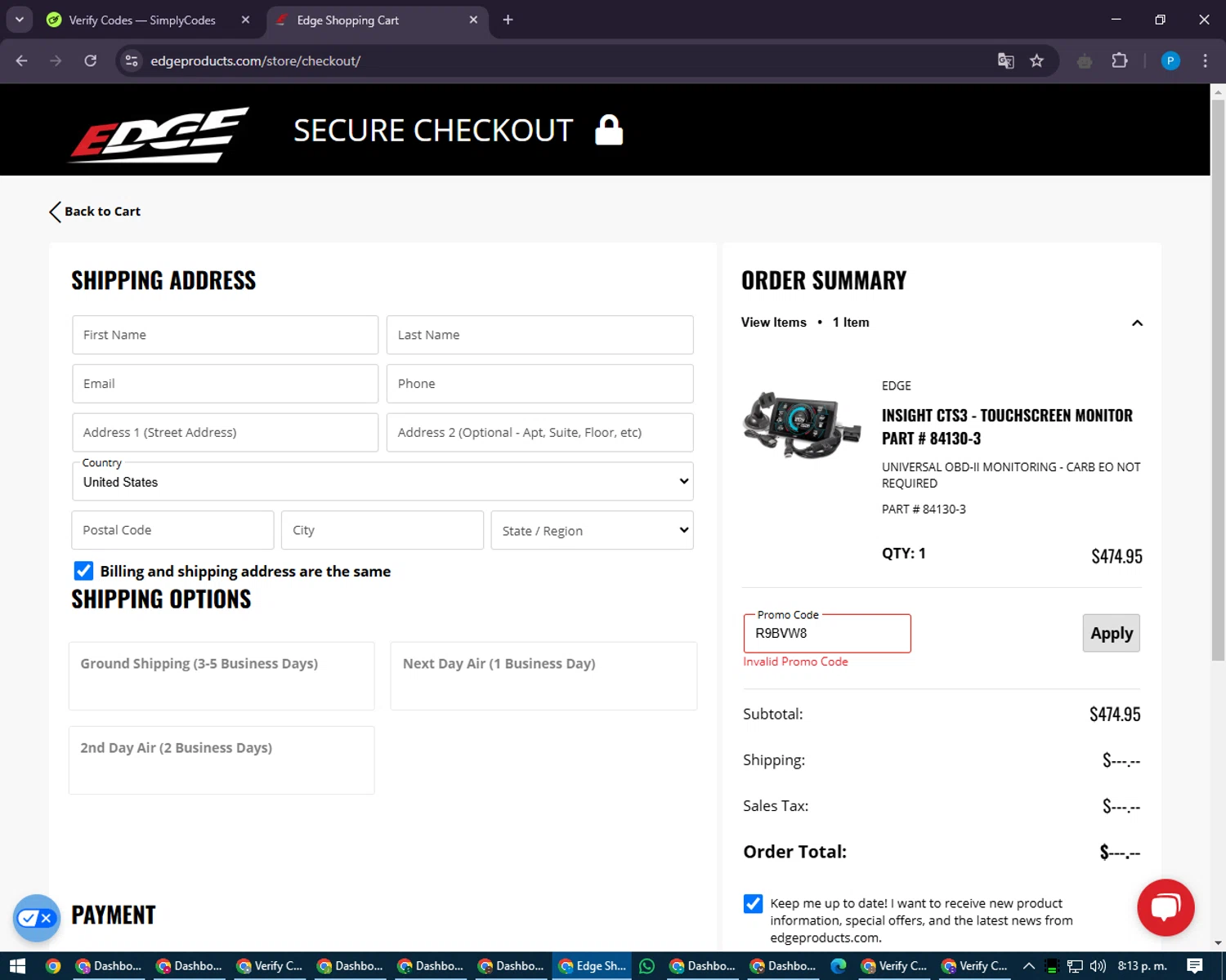 Edge Products coupon code screenshot showing code R9BVW8 applied at Edge Products checkout page. Uploaded by SimplyCodes community member juiceWRLD on Feb 23, 2025