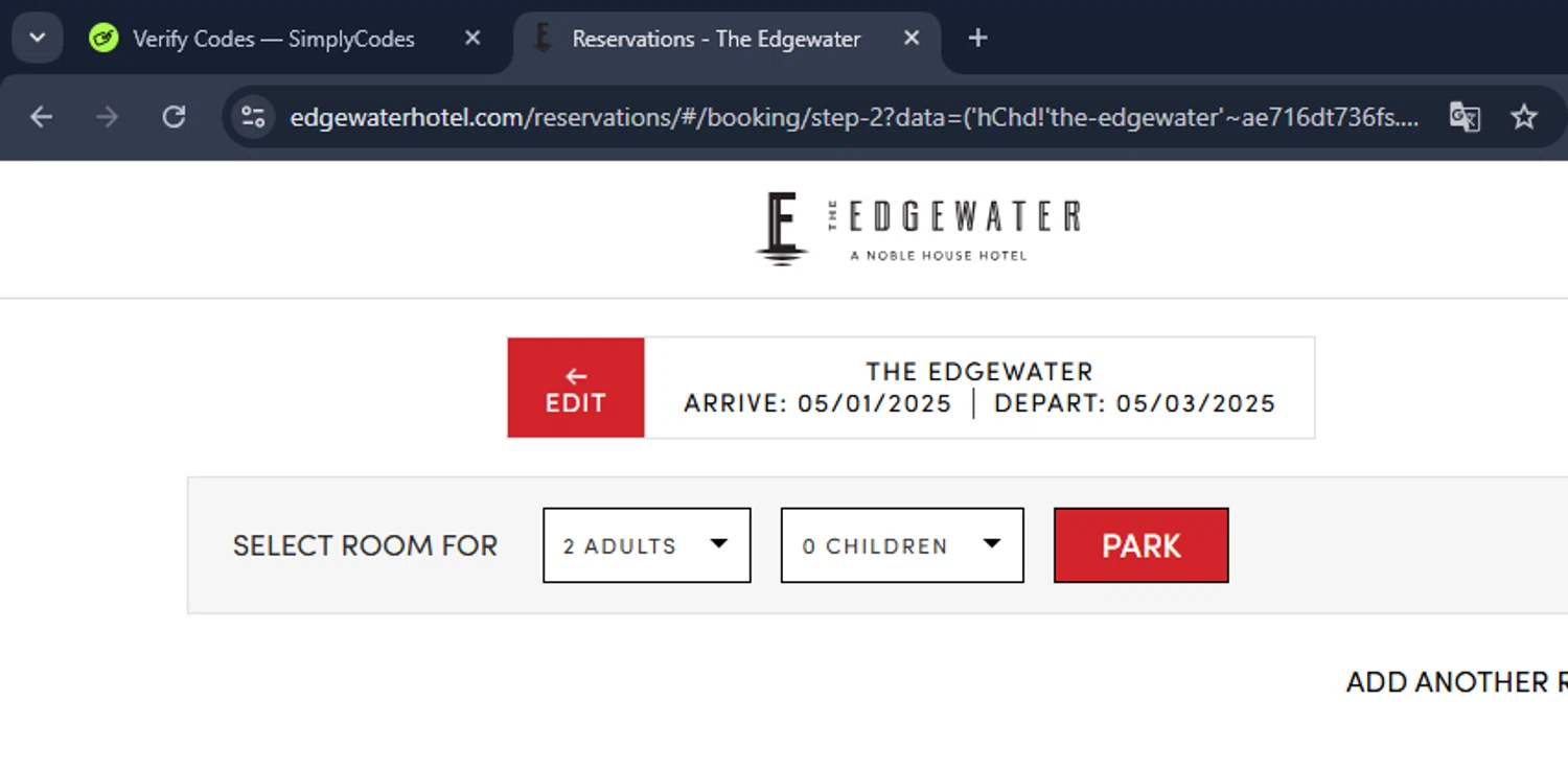 The Edgewater promo code screenshot showing code PARK applied at The Edgewater checkout page. Uploaded by SimplyCodes community member AurelioCasillas on Jan 8, 2025