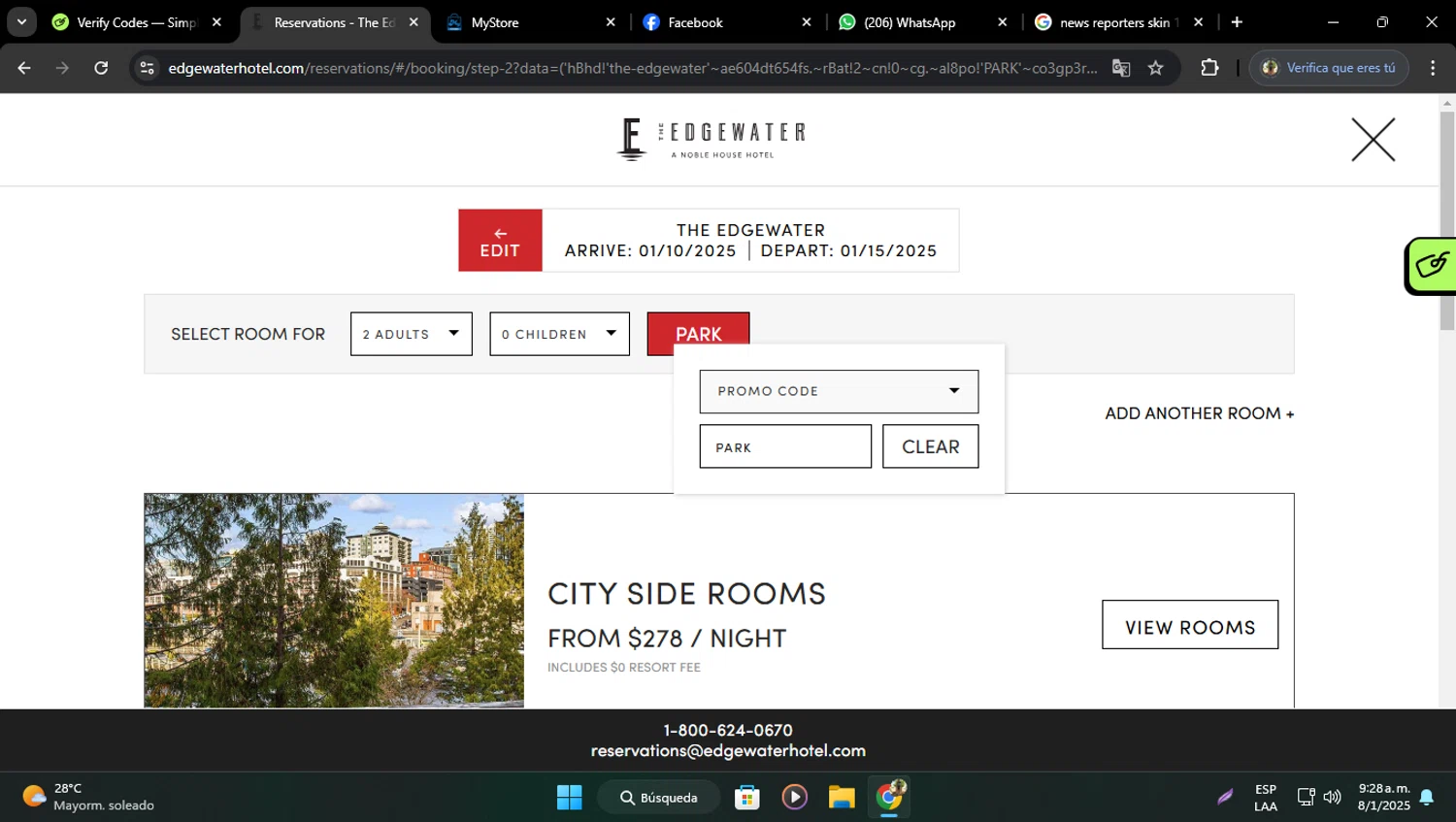 The Edgewater promo code screenshot showing code PARK applied at The Edgewater checkout page. Uploaded by SimplyCodes community member ELVERDEDESAMP on Jan 8, 2025
