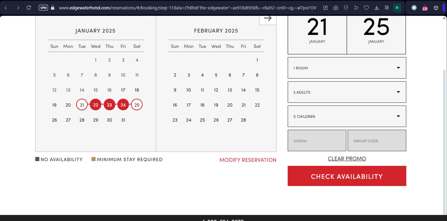 The Edgewater promo code screenshot showing code OVERW applied at The Edgewater checkout page. Uploaded by SimplyCodes community member Norman_KSD on Jan 17, 2025