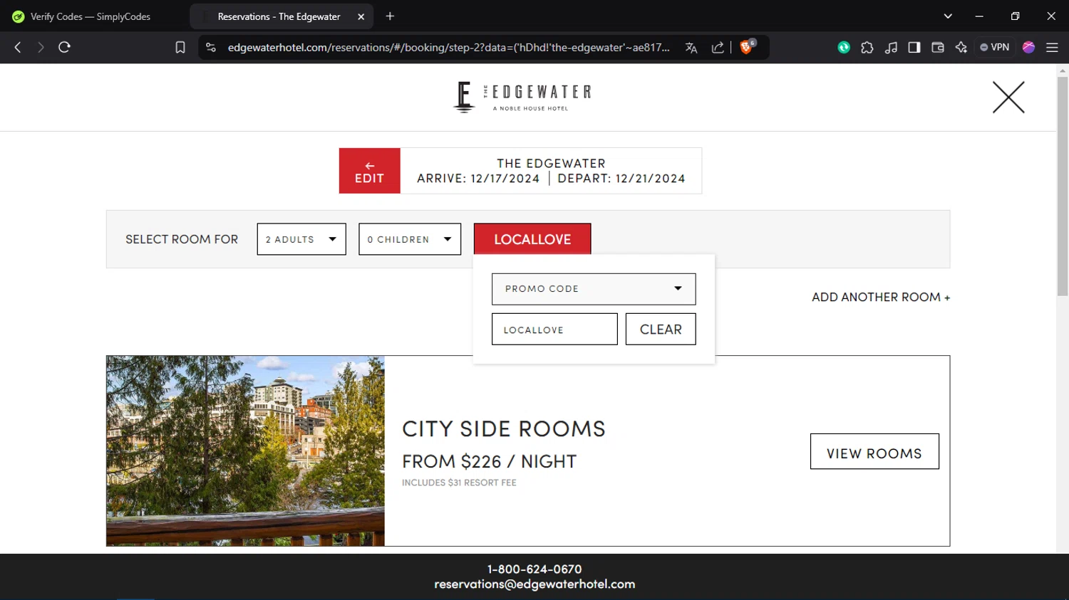 The Edgewater checkout page showing The Edgewater promo code box | Screenshot taken by SimplyCodes community member on Dec 13, 2024