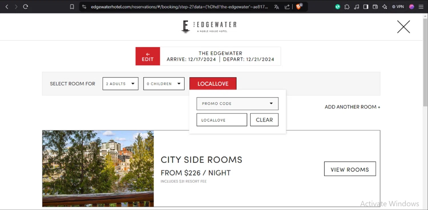 The Edgewater promo code screenshot showing code LOCALLOVE applied at The Edgewater checkout page. Uploaded by SimplyCodes community member messi10 on Jan 11, 2025