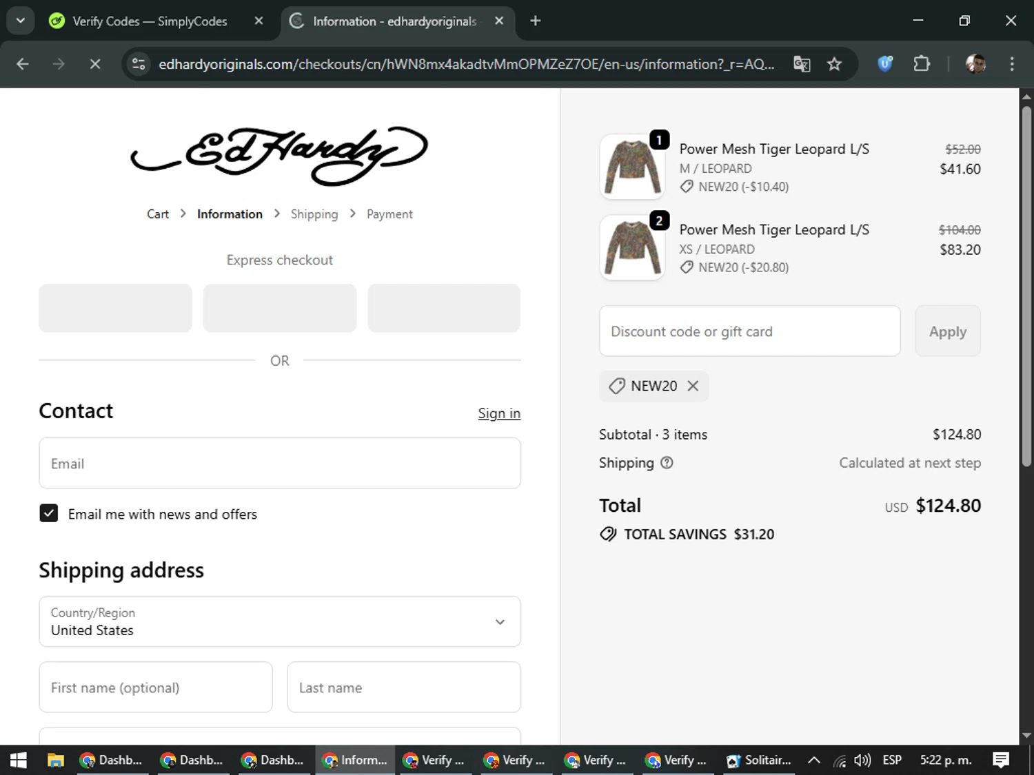 Ed Hardy discount code screenshot showing code NEW20 applied at Ed Hardy checkout page. Uploaded by SimplyCodes community member DiscountSeeker682 on Feb 14, 2026