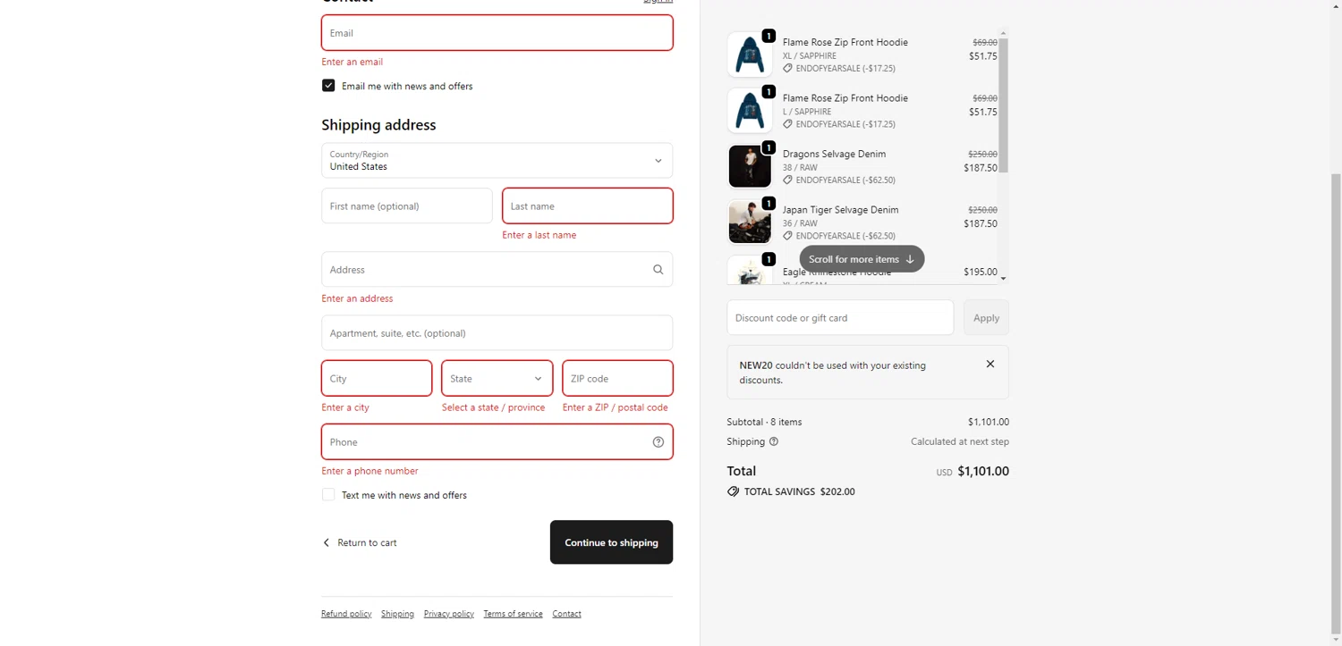 Ed Hardy discount code screenshot showing code NEW20 applied at Ed Hardy checkout page. Uploaded by SimplyCodes community member PromoSeeker7158 on Dec 29, 2025