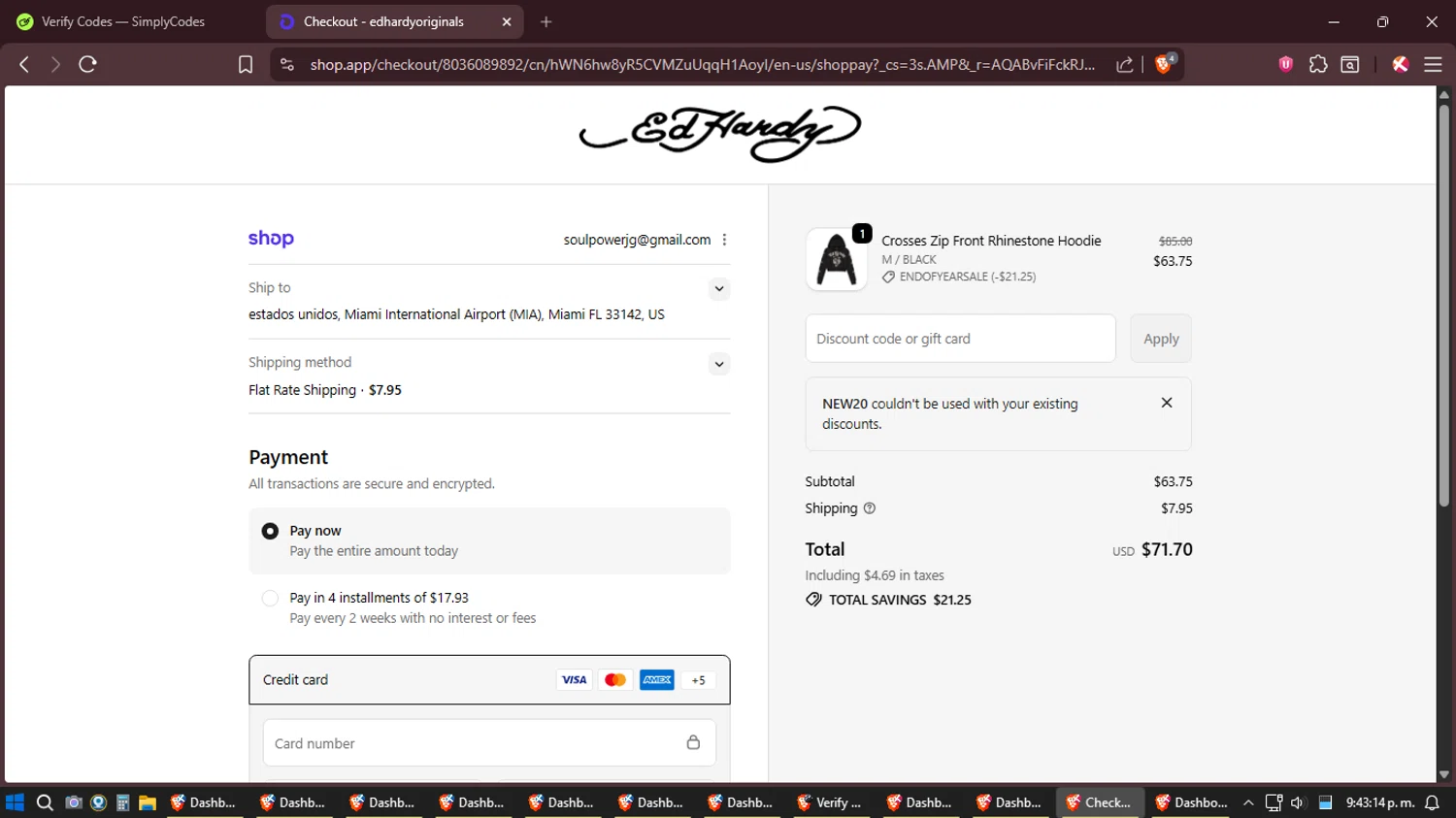 Ed Hardy discount code screenshot showing code NEW20 applied at Ed Hardy checkout page. Uploaded by SimplyCodes community member Sesshomaru on Dec 22, 2025