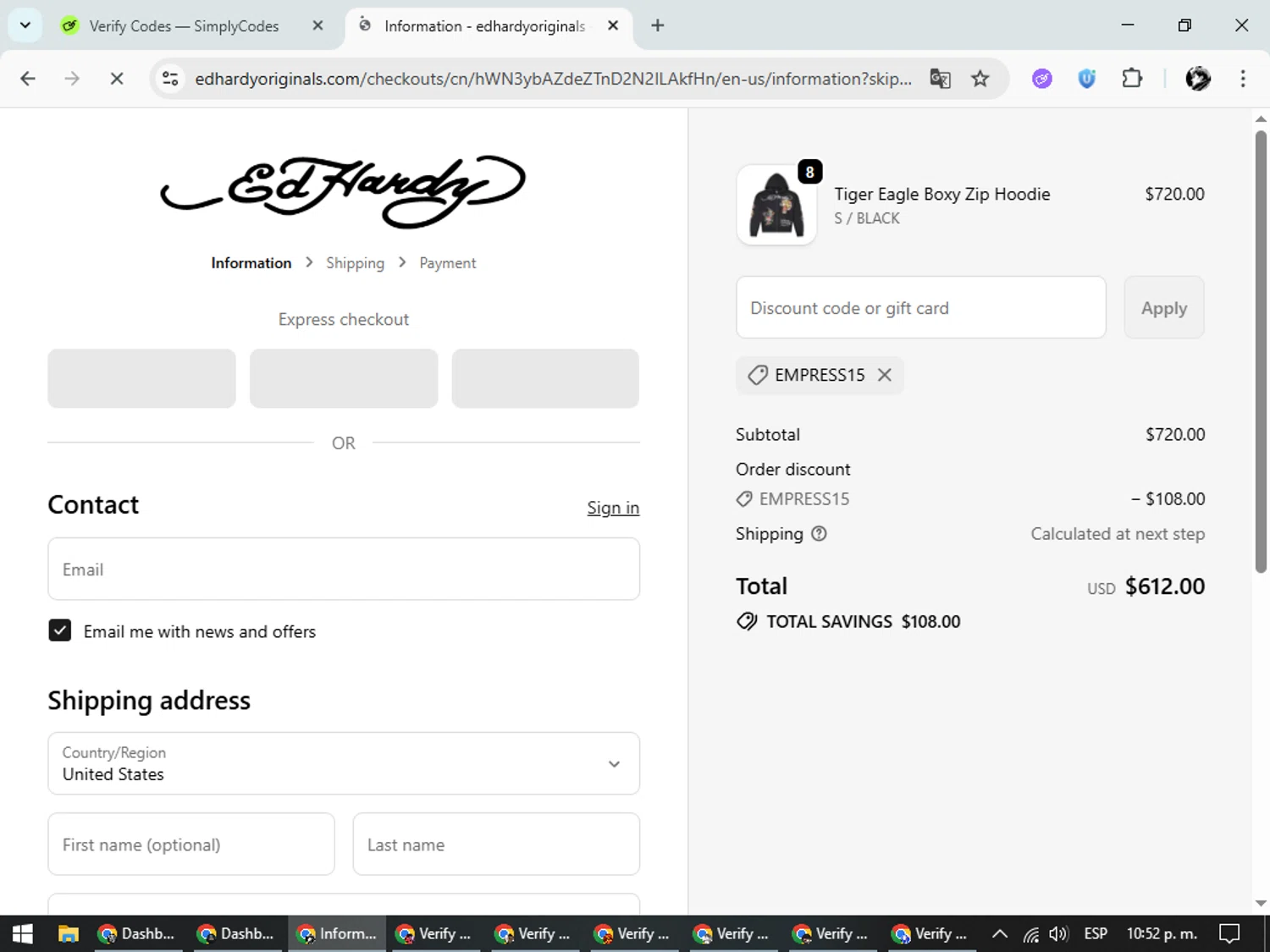 Ed Hardy discount code screenshot showing code EMPRESS15 applied at Ed Hardy checkout page. Uploaded by SimplyCodes community member SavvyChaser6563 on Oct 11, 2025