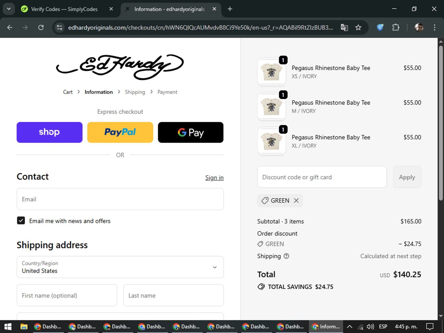 Ed Hardy discount code screenshot showing code GREEN applied at Ed Hardy checkout page. Uploaded by SimplyCodes community member DiscountSeeker682 on Jan 2, 2026