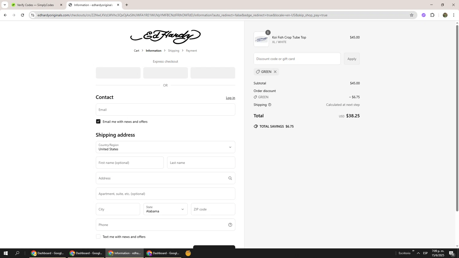 Ed Hardy discount code screenshot showing code GREEN applied at Ed Hardy checkout page. Uploaded by SimplyCodes community member Phoenix585 on Jun 15, 2025
