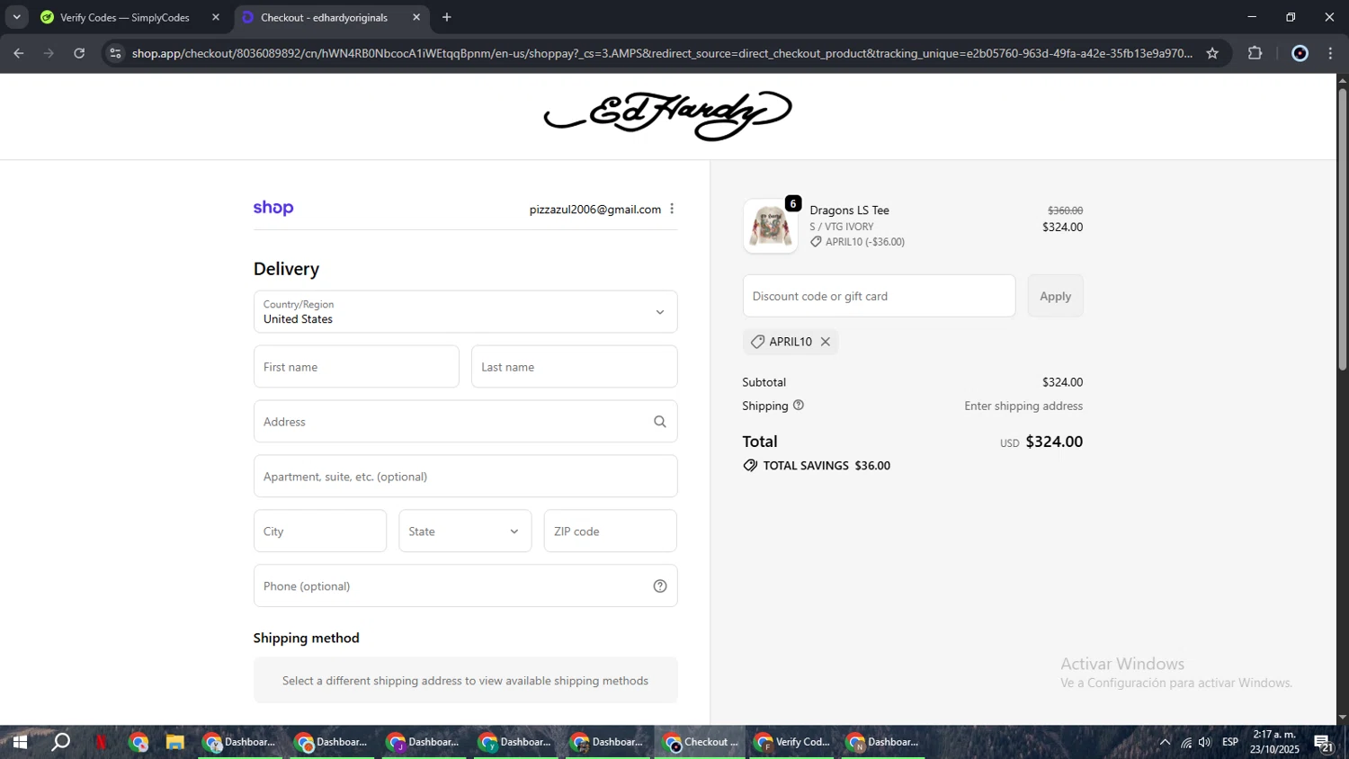 Ed Hardy discount code screenshot showing code APRIL10 applied at Ed Hardy checkout page. Uploaded by SimplyCodes community member RoyalBoss4384 on Oct 23, 2025