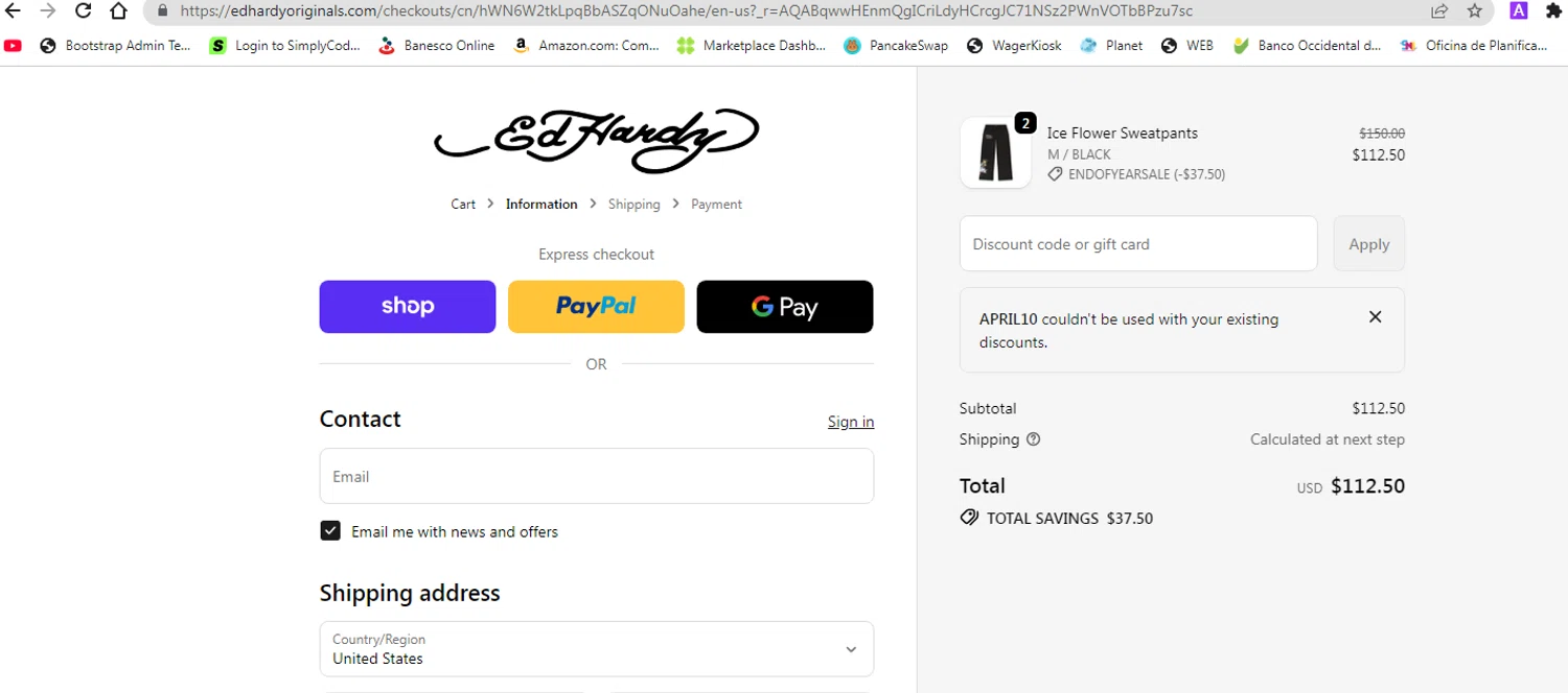 Ed Hardy discount code screenshot showing code APRIL10 applied at Ed Hardy checkout page. Uploaded by SimplyCodes community member pollima on Dec 17, 2025
