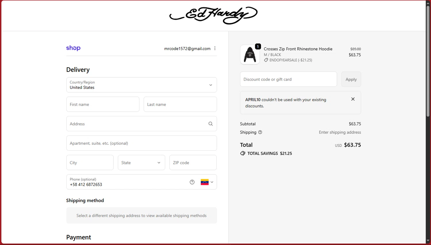 Ed Hardy discount code screenshot showing code APRIL10 applied at Ed Hardy checkout page. Uploaded by SimplyCodes community member tokiio on Dec 22, 2025