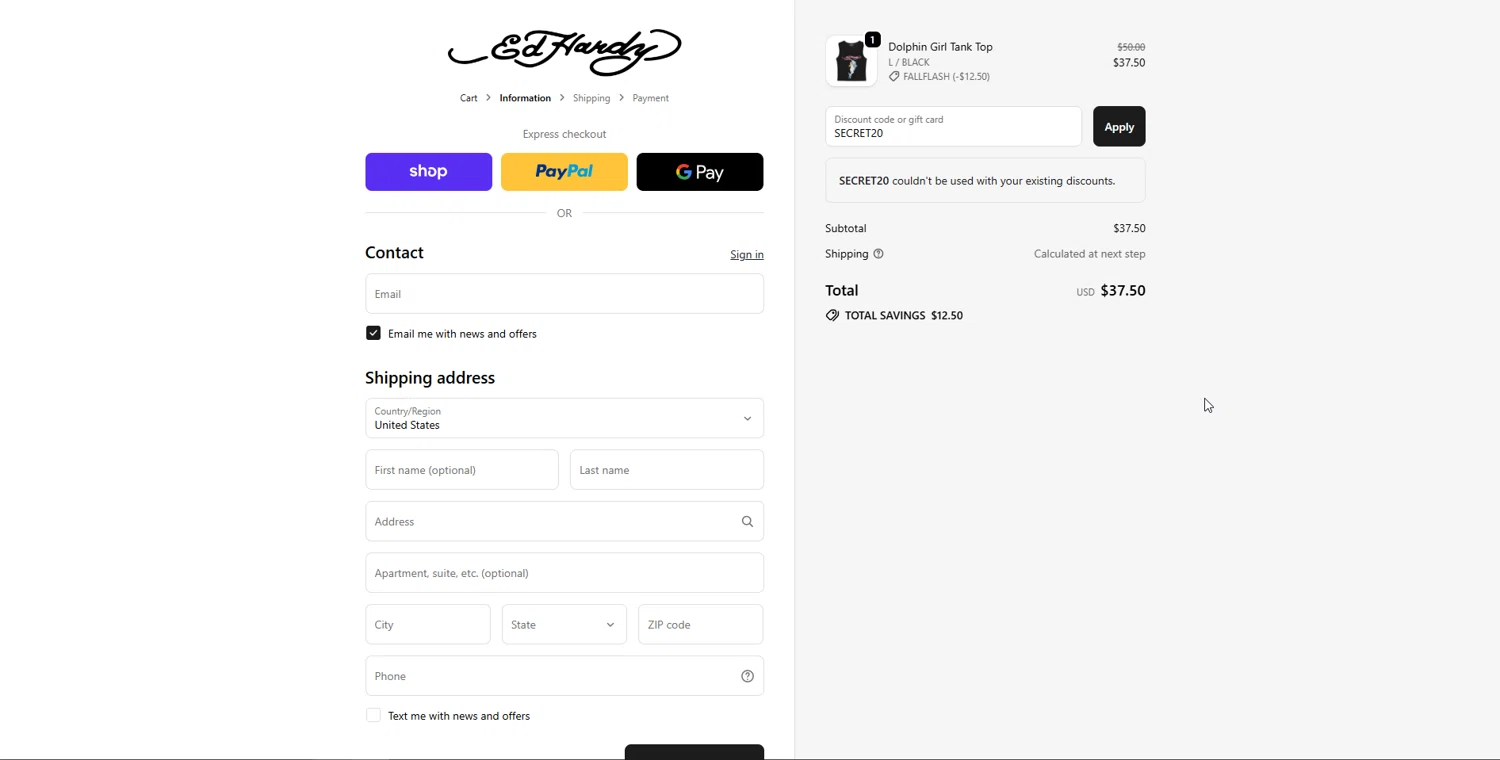 Ed Hardy discount code screenshot showing code SECRET20 applied at Ed Hardy checkout page. Uploaded by SimplyCodes community member Doomslayer on Sep 21, 2025