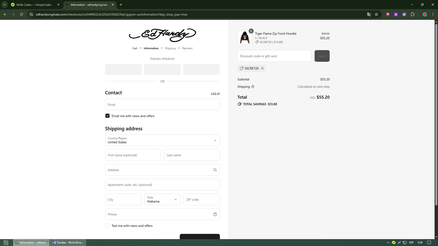 Ed Hardy discount code screenshot showing code SECRET20 applied at Ed Hardy checkout page. Uploaded by SimplyCodes community member Robert_Williams on Sep 4, 2025