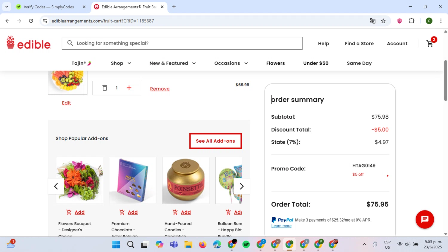 Edible Arrangements coupon code screenshot showing code HTAG0149 applied at Edible Arrangements checkout page. Uploaded by SimplyCodes community member VoucherBoss6971 on Jun 24, 2025