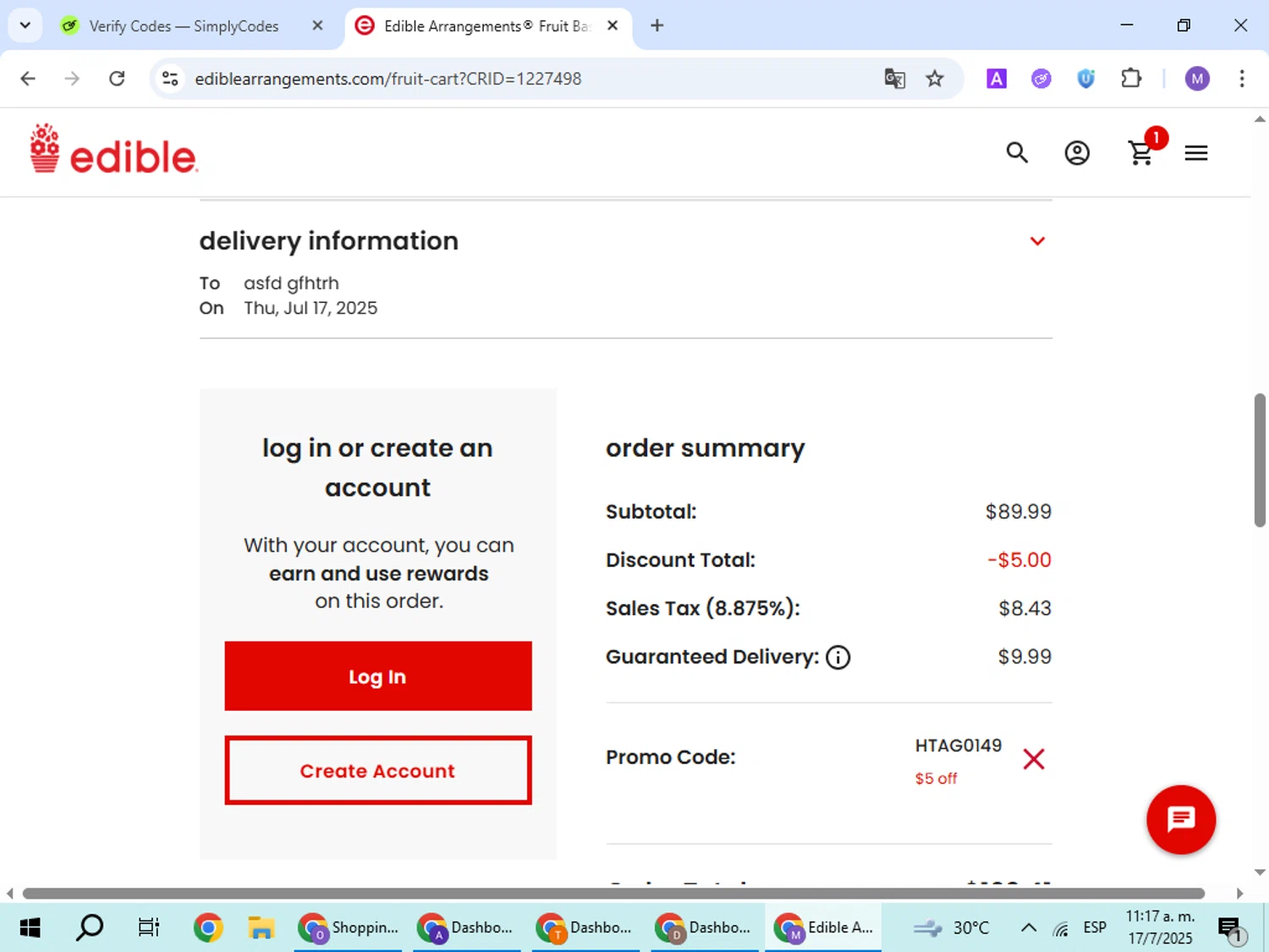 Edible Arrangements coupon code screenshot showing code HTAG0149 applied at Edible Arrangements checkout page. Uploaded by SimplyCodes community member VoucherScout6115 on Jul 17, 2025