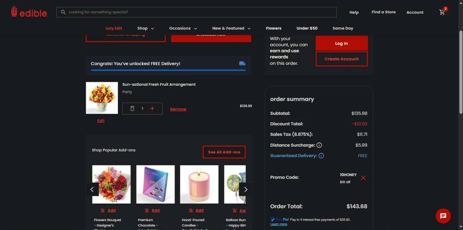 Edible Arrangements coupon code screenshot showing code 10HONEY applied at Edible Arrangements checkout page. Uploaded by SimplyCodes community member _Capi_ on Jul 21, 2025