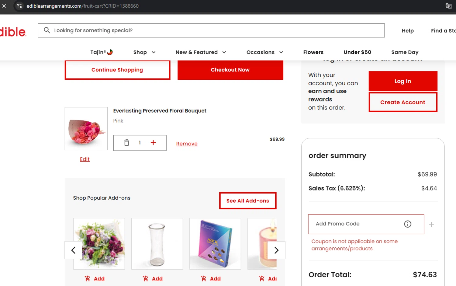 Edible Arrangements coupon code screenshot showing code 10COUPFOLLOW applied at Edible Arrangements checkout page. Uploaded by SimplyCodes community member Kony24 on Aug 12, 2025
