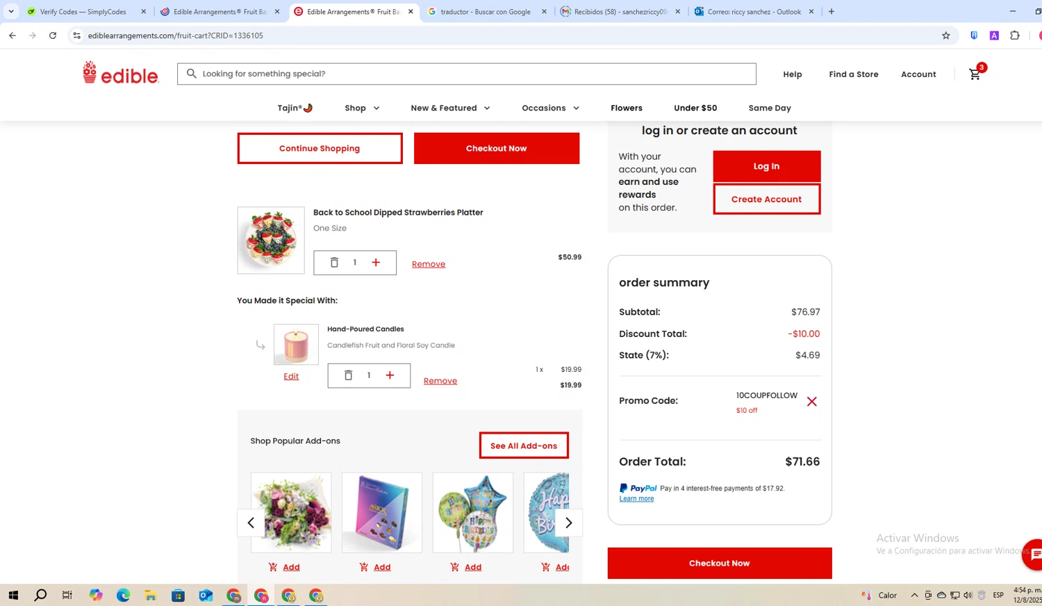 Edible Arrangements coupon code screenshot showing code 10COUPFOLLOW applied at Edible Arrangements checkout page. Uploaded by SimplyCodes community member ShieldWarden5142 on Aug 12, 2025