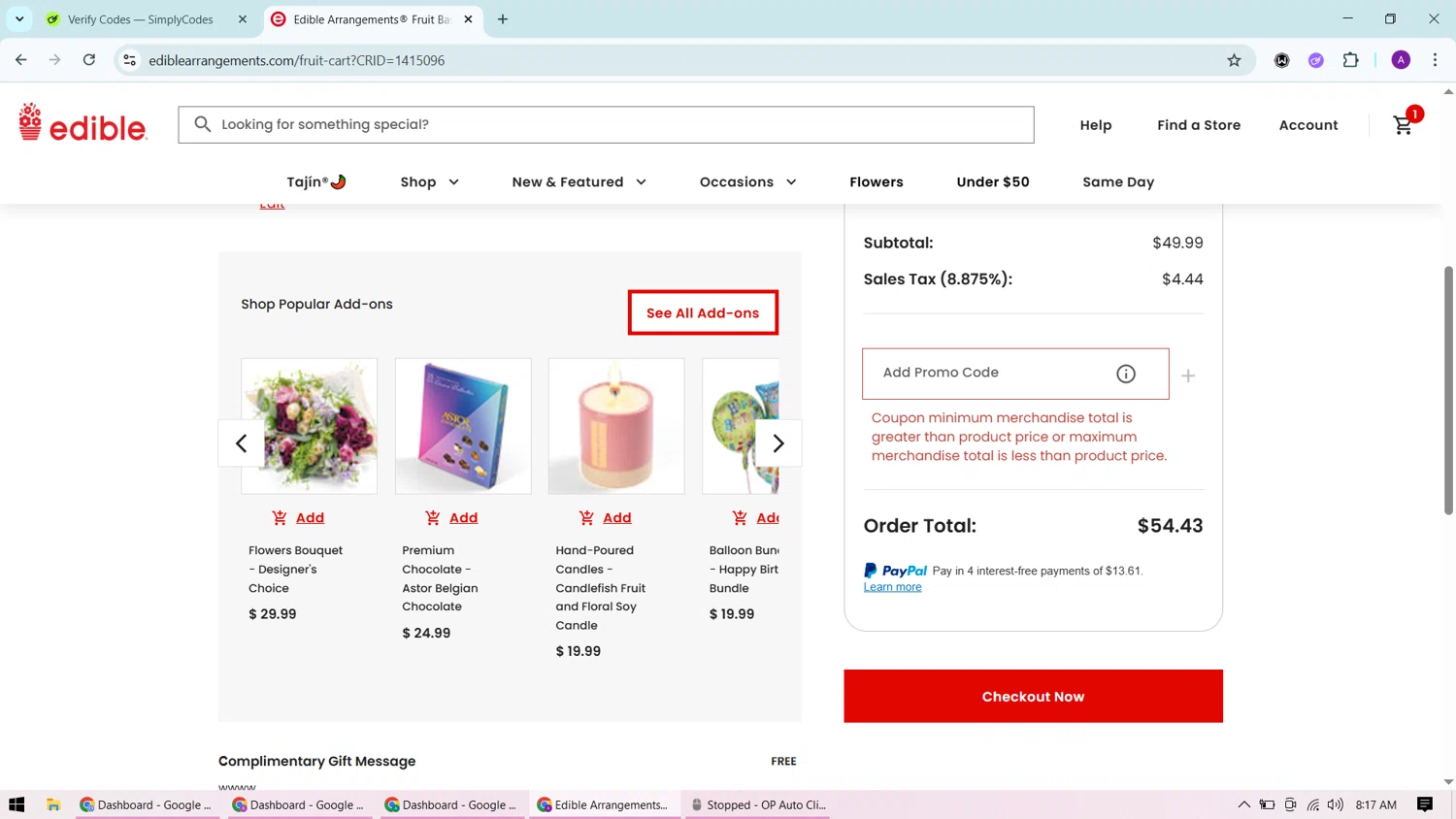 Edible Arrangements coupon code screenshot showing code 10GROUPON applied at Edible Arrangements checkout page. Uploaded by SimplyCodes community member CashChaser7272 on Aug 19, 2025