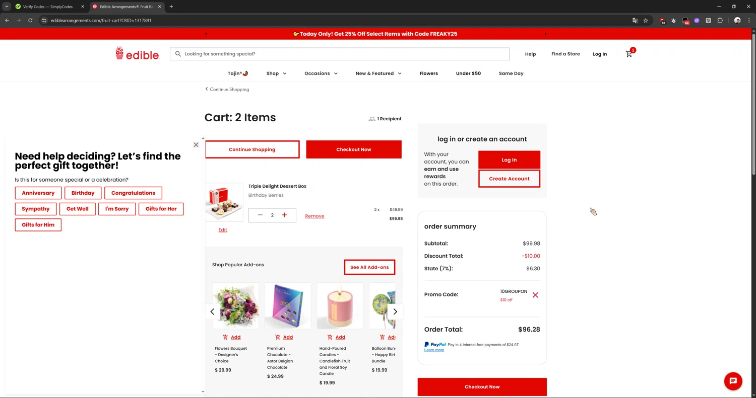 Edible Arrangements coupon code screenshot showing code 10GROUPON applied at Edible Arrangements checkout page. Uploaded by SimplyCodes community member Cbombis on Aug 8, 2025