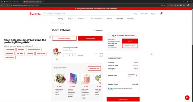 Edible Arrangements checkout page showing Edible Arrangements coupon code box | Screenshot taken by SimplyCodes community member on Aug 8, 2025