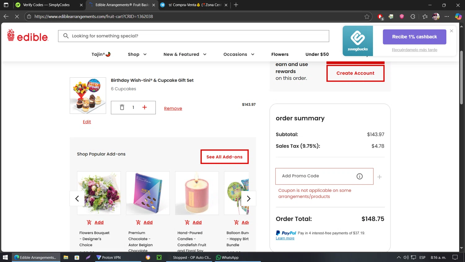 Edible Arrangements coupon code screenshot showing code 10GROUPON applied at Edible Arrangements checkout page. Uploaded by SimplyCodes community member belindaflores on Aug 19, 2025