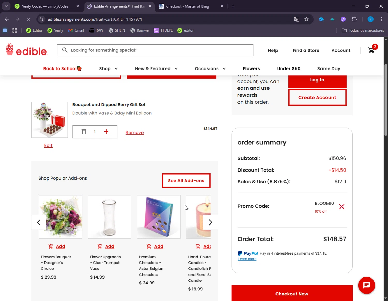 Edible Arrangements coupon code screenshot showing code BLOOM10 applied at Edible Arrangements checkout page. Uploaded by SimplyCodes community member RichardWagner on Aug 29, 2025
