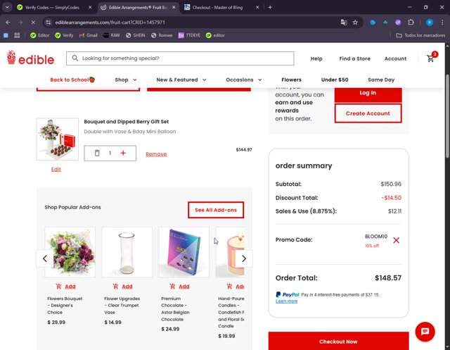 Edible Arrangements checkout page showing Edible Arrangements coupon code box | Screenshot taken by SimplyCodes community member on Aug 29, 2025