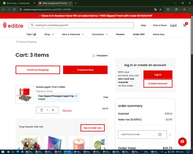 Edible Arrangements checkout page showing Edible Arrangements coupon code box | Screenshot taken by SimplyCodes community member on Aug 15, 2025