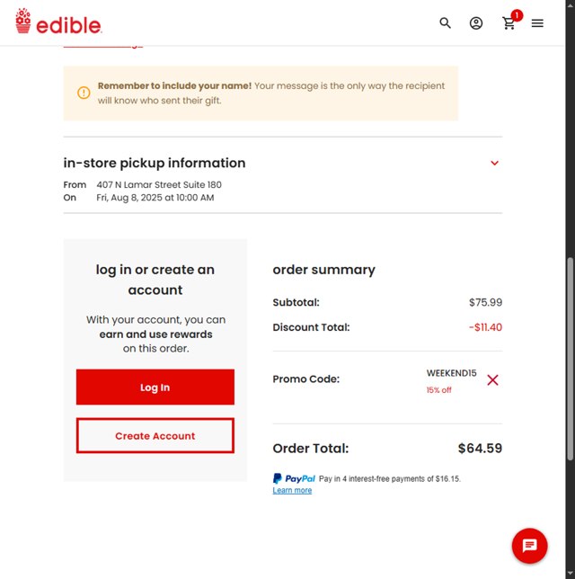 Edible Arrangements checkout page showing Edible Arrangements coupon code box | Screenshot taken by SimplyCodes community member on Aug 8, 2025