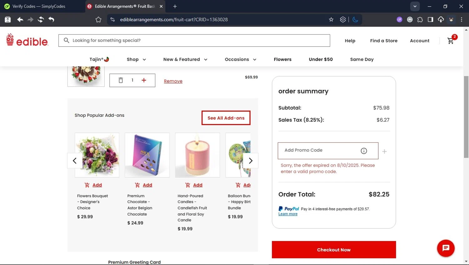 Edible Arrangements coupon code screenshot showing code WEEKEND15 applied at Edible Arrangements checkout page. Uploaded by SimplyCodes community member PromoSpotter1784 on Aug 19, 2025