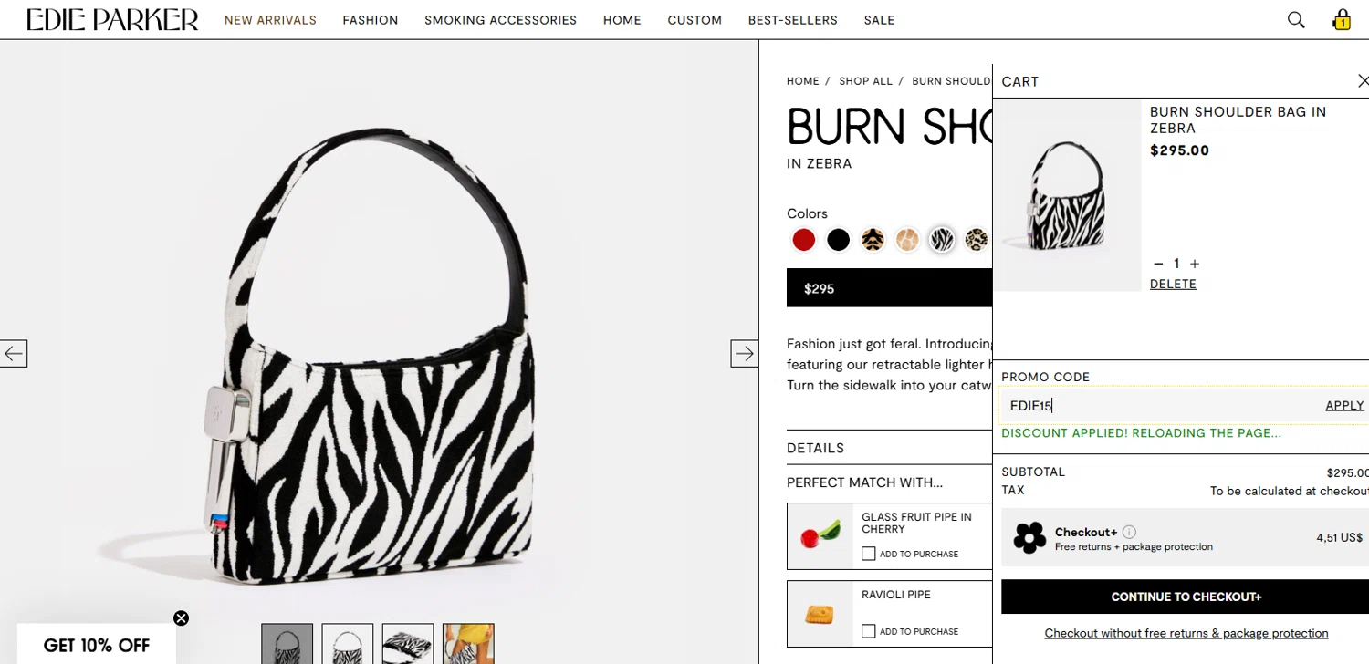 Edie Parker discount code screenshot showing code EDIE15 applied at Edie Parker checkout page. Uploaded by SimplyCodes community member Alydrop on Oct 20, 2025