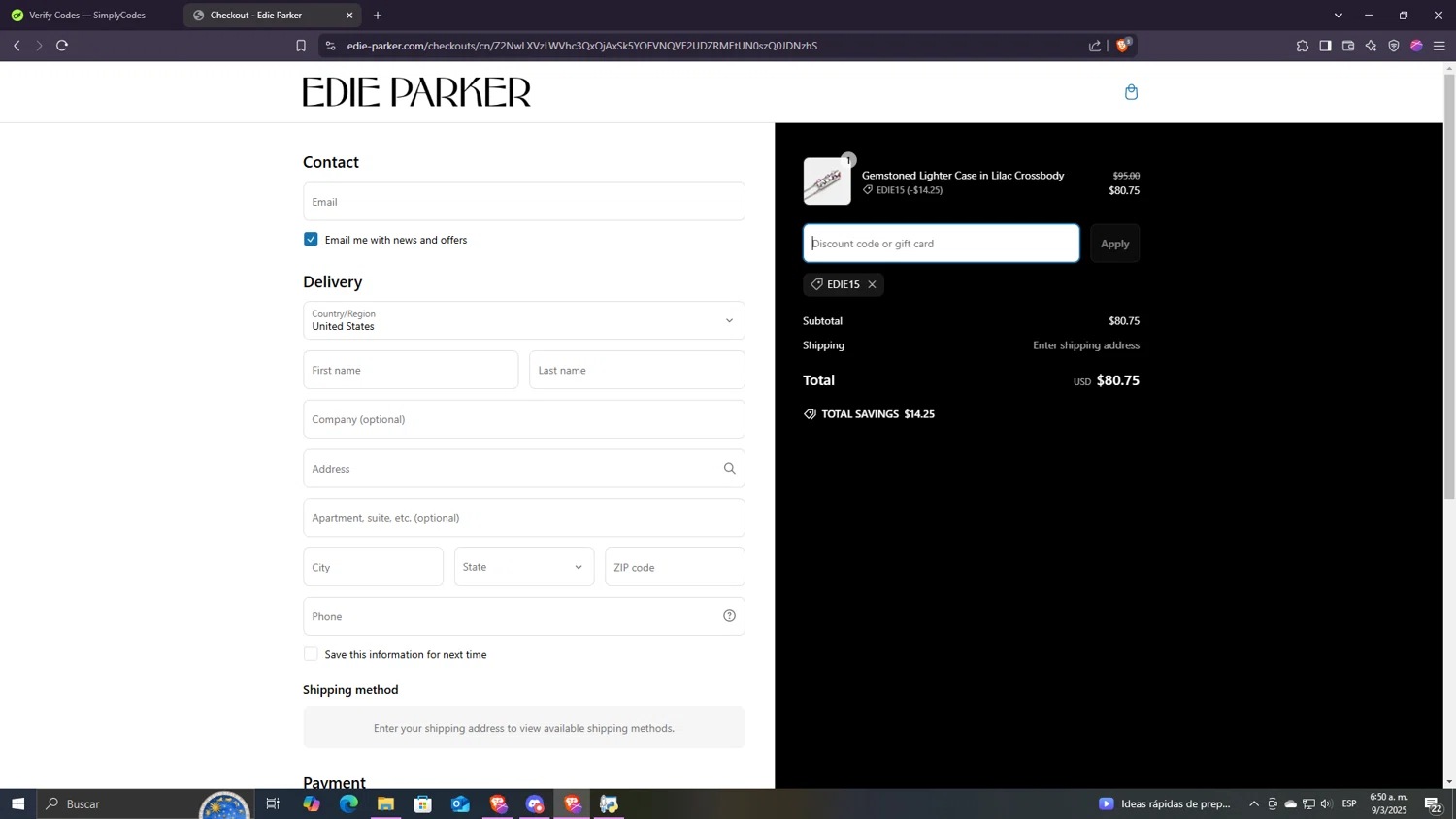 Edie Parker discount code screenshot showing code EDIE15 applied at Edie Parker checkout page. Uploaded by SimplyCodes community member Despechao on Mar 9, 2025