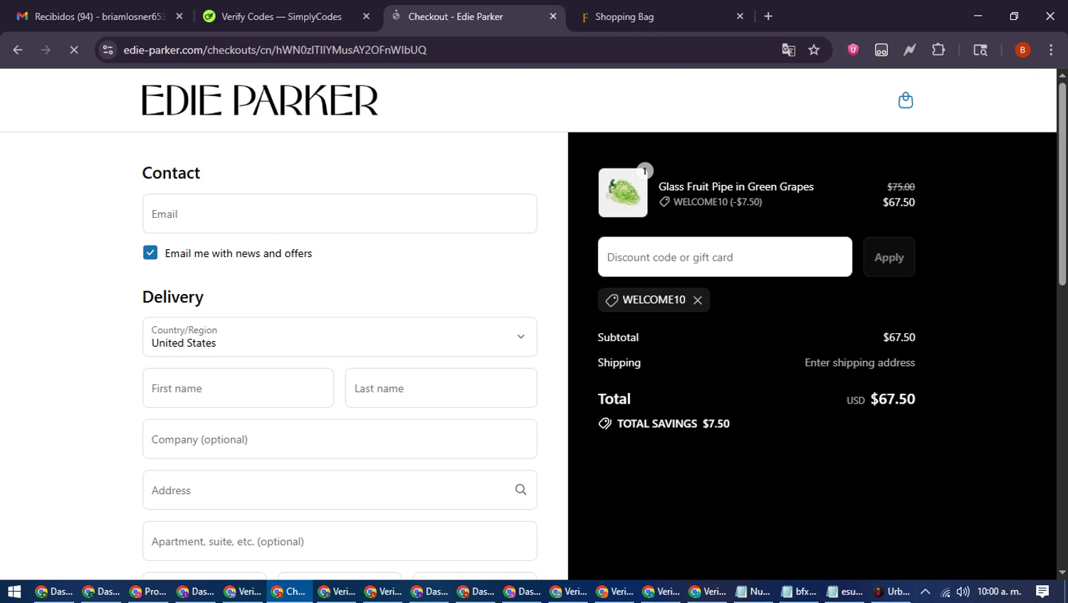 Edie Parker discount code screenshot showing code WELCOME10 applied at Edie Parker checkout page. Uploaded by SimplyCodes community member DiscountExpert6435 on Jul 24, 2025