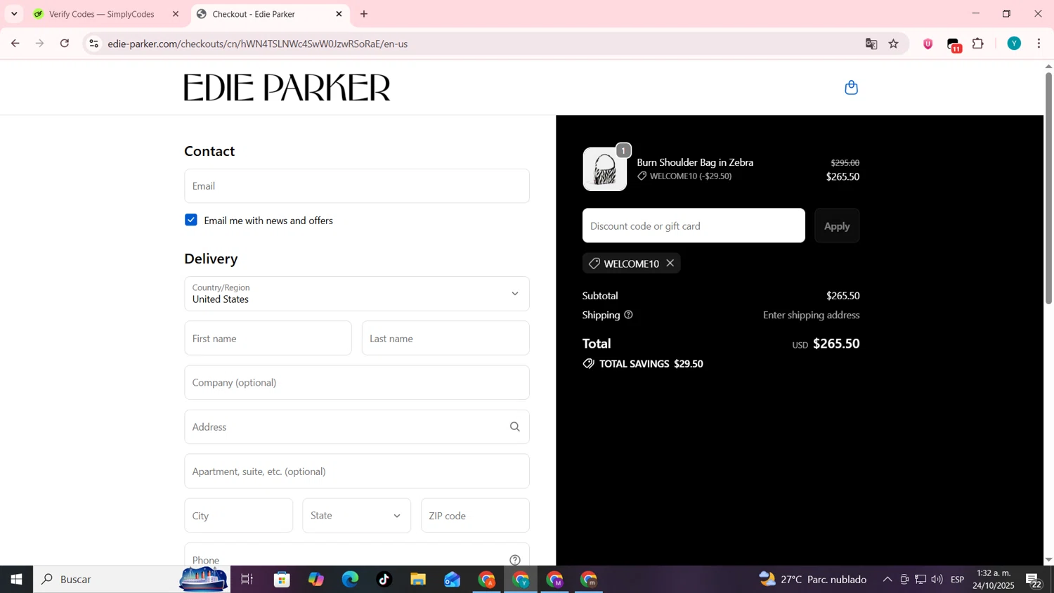 Edie Parker discount code screenshot showing code WELCOME10 applied at Edie Parker checkout page. Uploaded by SimplyCodes community member codygakpo on Oct 24, 2025