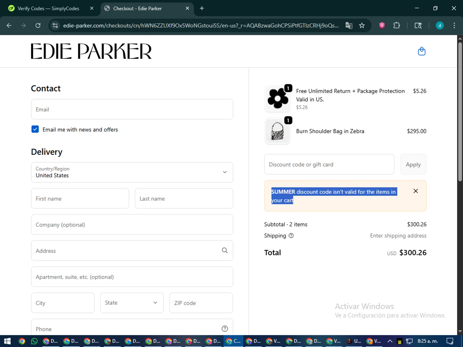 Edie Parker discount code screenshot showing code SUMMER applied at Edie Parker checkout page. Uploaded by SimplyCodes community member CodeMaverick5767 on Dec 18, 2025