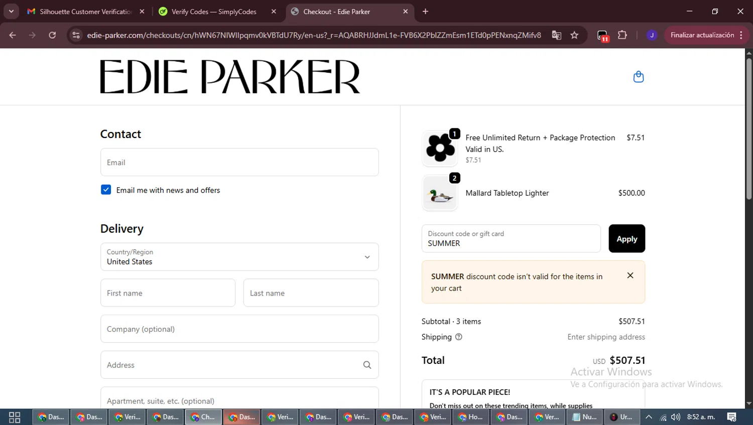 Edie Parker discount code screenshot showing code SUMMER applied at Edie Parker checkout page. Uploaded by SimplyCodes community member LegendaryLegend9872 on Dec 6, 2025